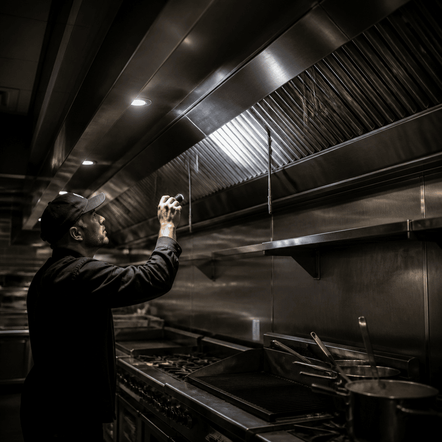 Commercial canopy hood under a focused inspection light