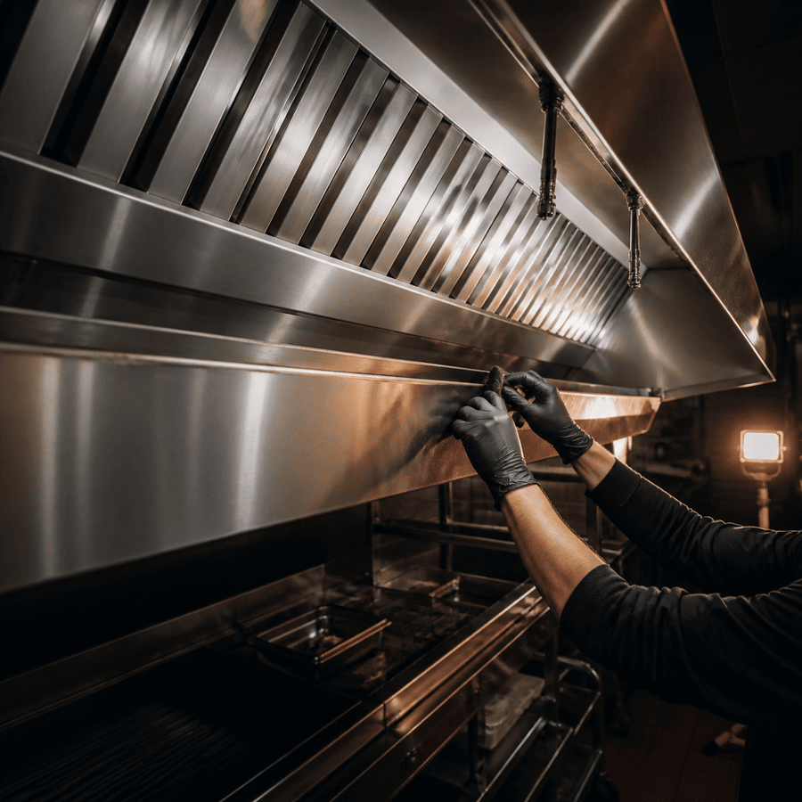 Technician detailing a stainless commercial hood after hours