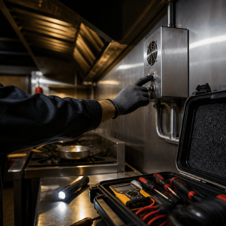Technician reaching toward a commercial exhaust control panel