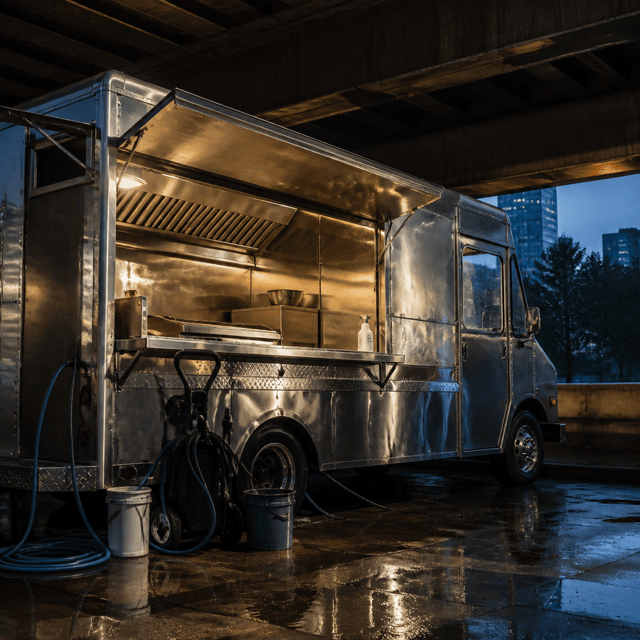 Compact food truck hood ready for professional cleaning after service