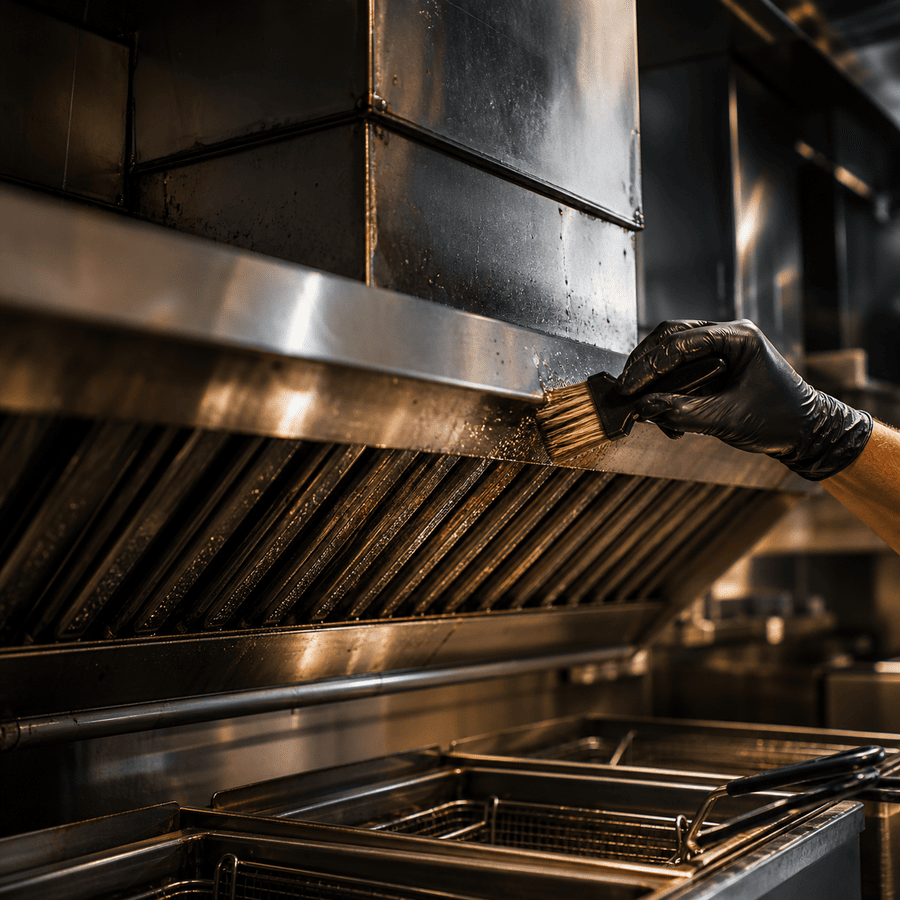 Commercial fryer line and baffle filters under service lighting