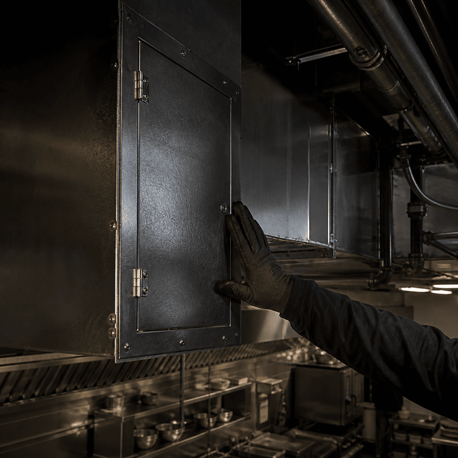Commercial grease duct access chase with a service door