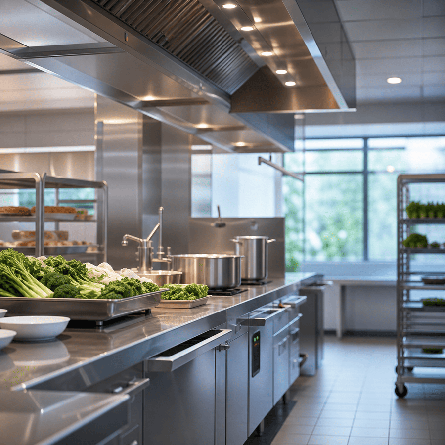 Healthcare facility kitchen with a stainless exhaust hood