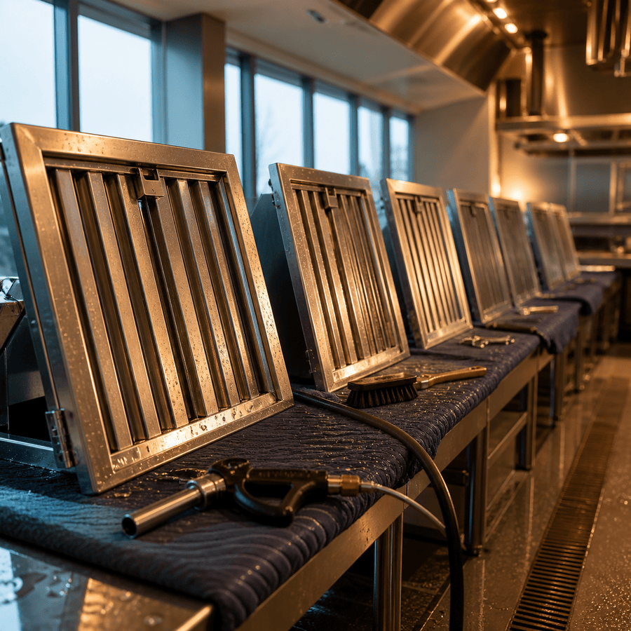 Stainless commercial baffle filters arranged for cleaning