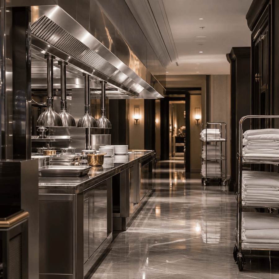 Hotel banquet kitchen with a long stainless exhaust hood