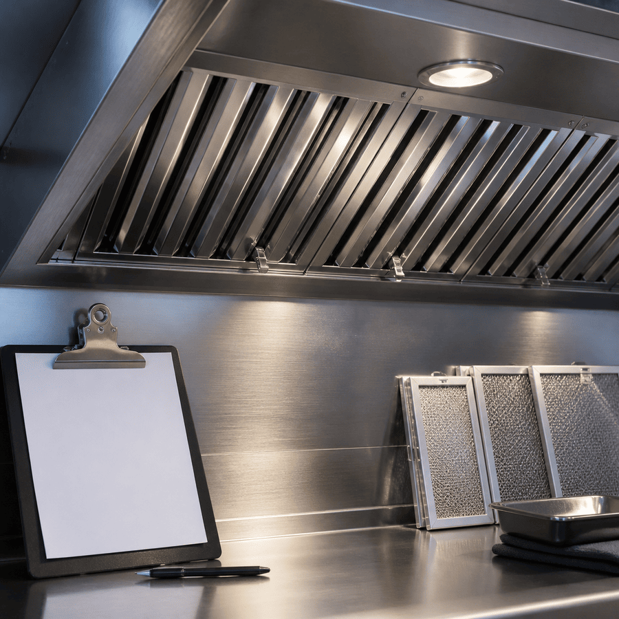 Clean commercial hood beside an organized blank inspection clipboard