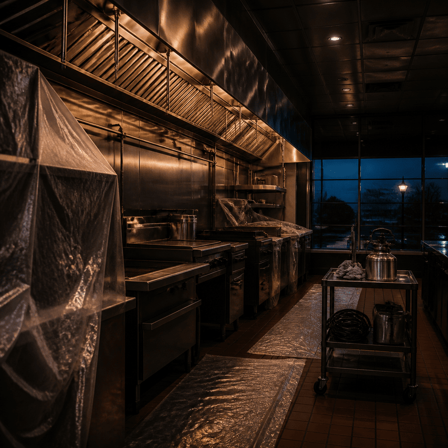 Restaurant kitchen prepared for overnight exhaust cleaning