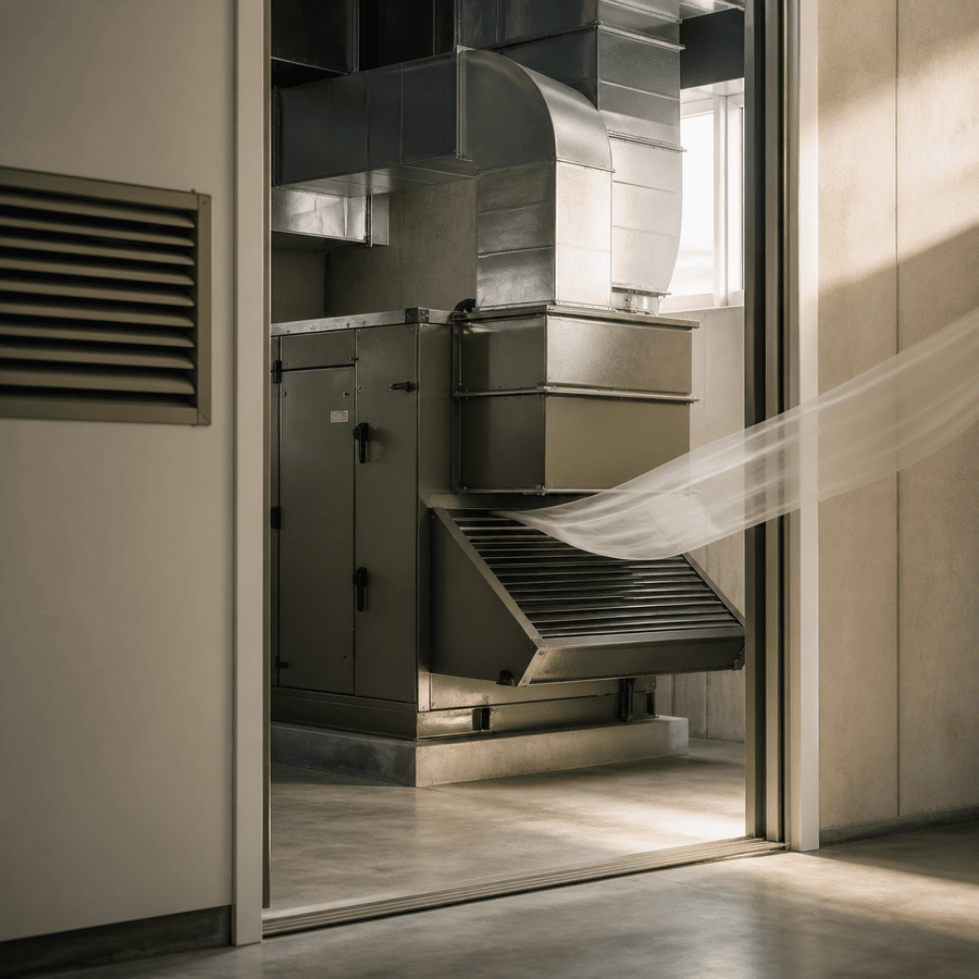Commercial make-up air intake and ductwork in a mechanical room