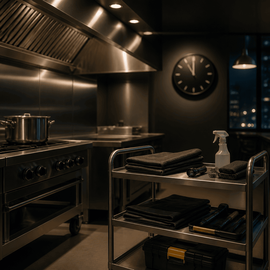 Commercial kitchen staged for recurring midnight maintenance