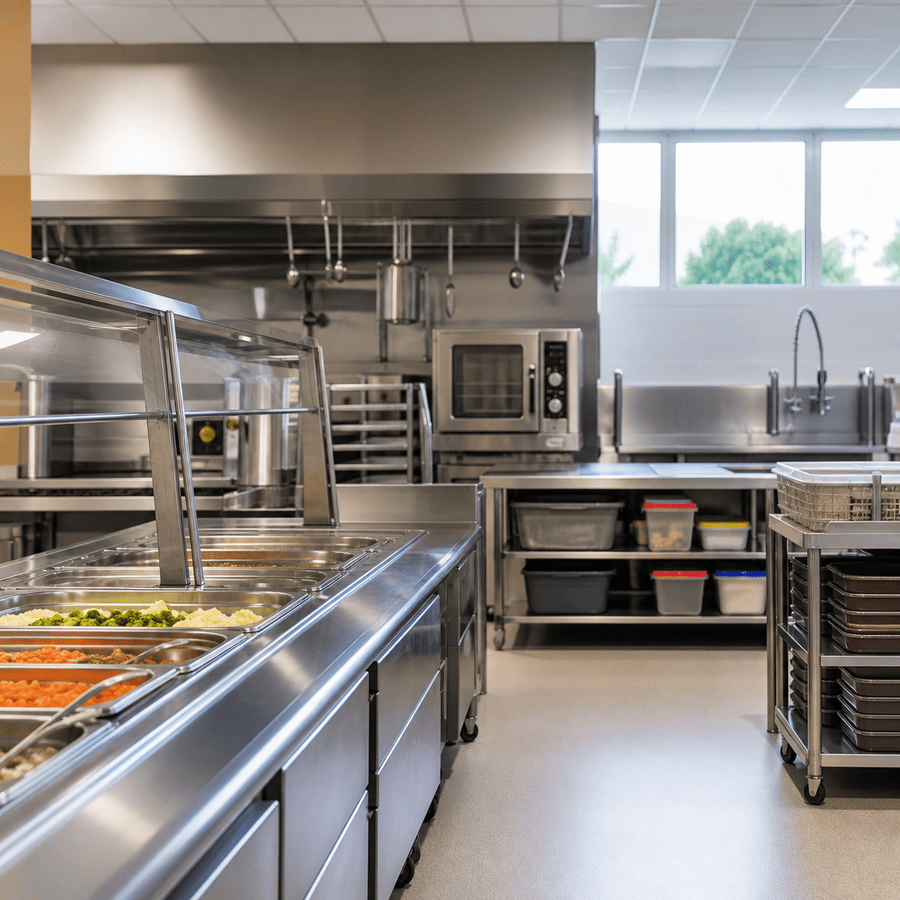 Modern school cafeteria kitchen before morning service